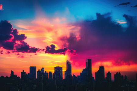 A breathtaking view of a cityscape silhouetted against a dramatic sunset sky. The image captures the vibrant colors of the sunset and the modern architecture of the city.の素材