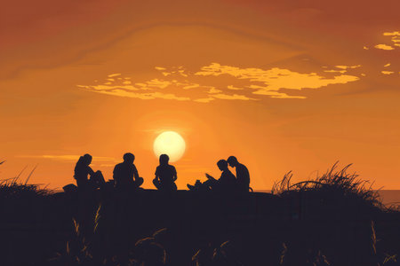 An elegant picture of friends on a hilltop at sunset. Perfect for promoting events or social projects.の素材