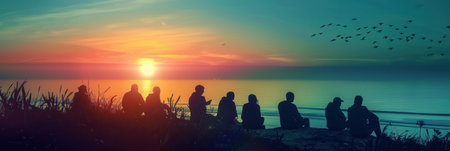 A scenic image of a group of friends enjoying a sunset at the beach.の素材