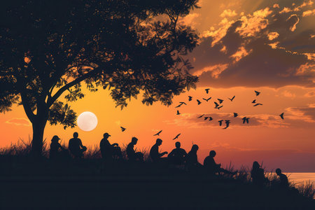 A group of friends enjoy a peaceful sunset on a hilltop, creating a serene and tranquil atmosphere. Perfect for promoting events and social projects.の素材