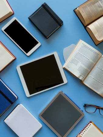 A flat lay featuring various tablets and e-readers displaying educational materials and e-textbooks, highlighting the modern trends in digital learning.の素材