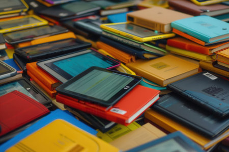 A vibrant collection of tablets and e-readers showcasing educational content, representing the modern landscape of digital learning.の素材