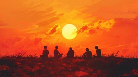A scenic image of silhouettes of people sitting on a hill, enjoying the sunset. It captures a sense of peace and togetherness, perfect for events or social project campaigns.の素材
