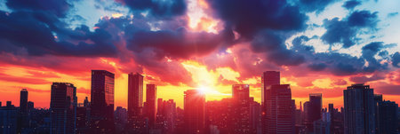 A stunning cityscape silhouetted against a dramatic sunset sky, showing the dynamic and modern beauty of urban development.の素材