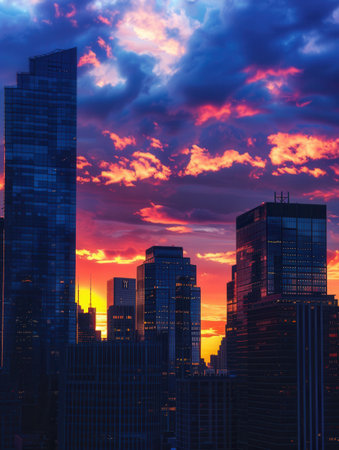 A stunning cityscape at sunset, showcasing skyscrapers against a dramatic sky filled with vibrant colors. This dynamic scene captures the modern energy of urban life.の素材