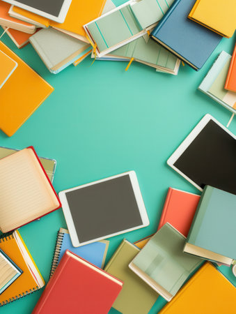 Digital learning with tablets and e-readers displaying e-textbooks and educational materials on a teal background.の素材