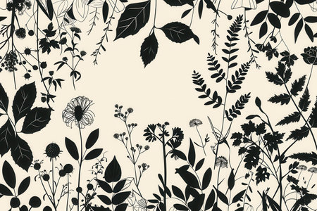 A background with black silhouettes of various leaves and flowers on a white background. This pattern is ideal for eco-design and green stores.の素材
