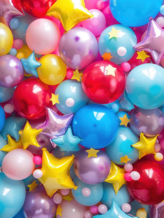 A vibrant and festive backdrop of colorful balloons in various shapes and sizes, perfect for creating a celebratory atmosphere at parties or events.の素材