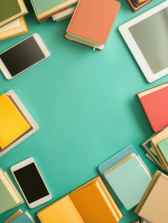 A flat lay of tablets and e-readers showing educational materials, representing the modern approach to learning.の素材