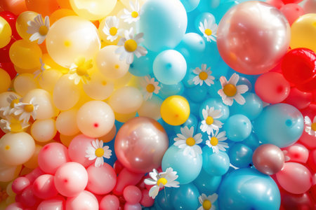 A close-up shot of a cheerful balloon wall decorated with vibrant balloons in various colors and sizes, perfect for adding a festive touch to any party or event.の素材