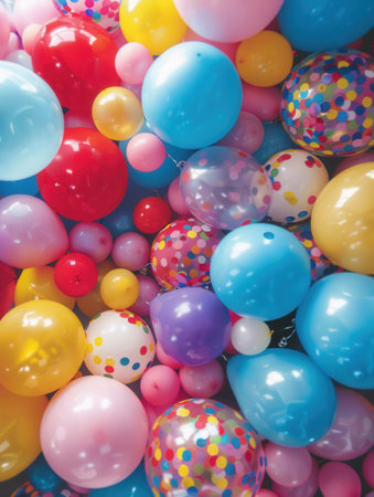 A close-up of colorful balloons in different shapes, sizes, and textures. This image is perfect for showcasing a festive party or event decoration.の素材