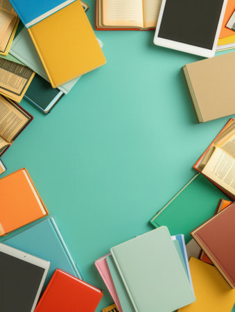 A flat lay image featuring tablets and e-readers with educational content, symbolizing modern digital learning methods.の素材