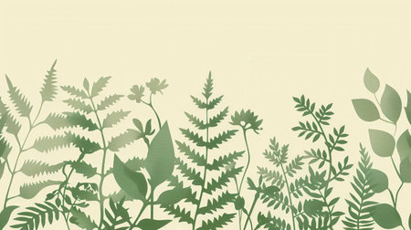 Silhouettes of various leaves and flowers on a light background, perfect for eco-design and green stores.の素材