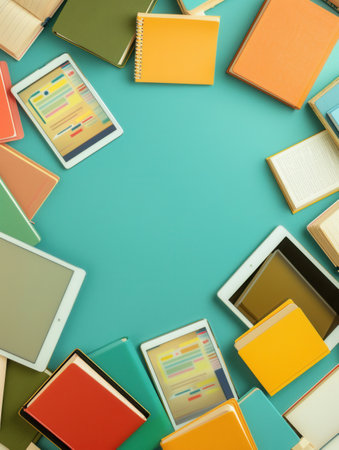 A flat lay of tablets and e-readers displaying educational materials, surrounded by various books.の素材