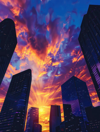 A stunning sunset casts a warm glow over a cityscape, with skyscrapers silhouetted against the dramatic sky.の素材