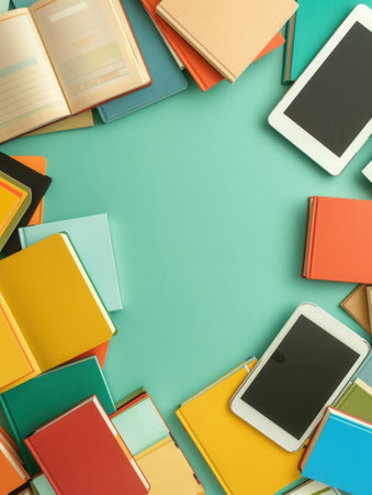 A vibrant image featuring colorful textbooks and tablets surrounding a teal background, perfect for promoting online education and digital learning.の素材