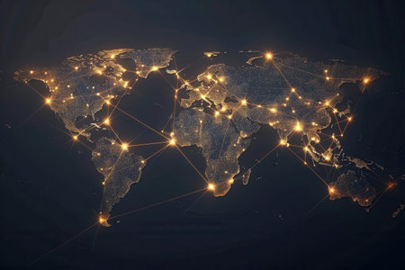 A minimalist world map with glowing routes connecting major cities, symbolizing global travel and connectivity.の素材