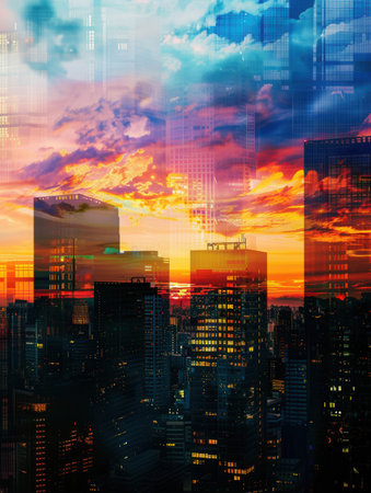 A stunning image showcasing a cityscape at sunset, with skyscrapers silhouetted against a dramatic sky filled with vibrant colors.の素材