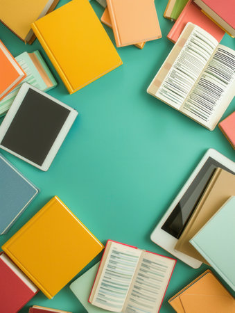 A flat lay showcasing various digital devices and e-books, ideal for online schools and e-book publishers.の素材