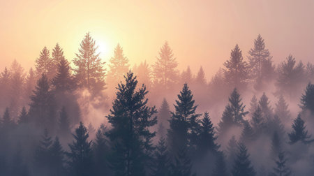 A serene forest landscape at dawn, bathed in golden light, with mist adding a mystical touch.の素材