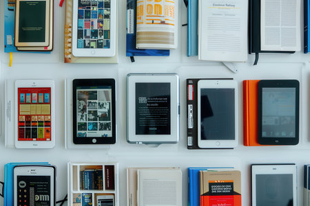 A close-up shot of various tablets and e-readers displaying educational materials, showing the digital learning experience.の素材