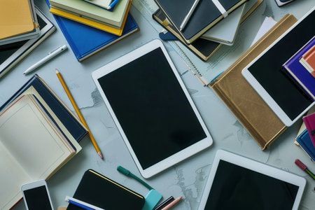 Flat lay of tablets & e-readers with educational materials. Modern, digital learning vibe - ideal for e-learning & e-book publishers.の素材