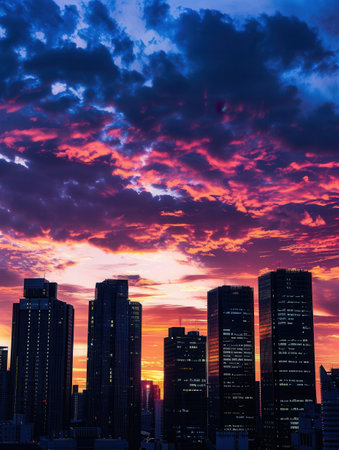 A vibrant sunset paints the sky above a cityscape, showcasing modern skyscrapers silhouetted against a backdrop of vibrant hues.の素材