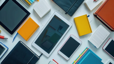 A flat lay image of various digital tablets and e-readers displaying educational materials and e-textbooks, representing modern digital learning.の素材