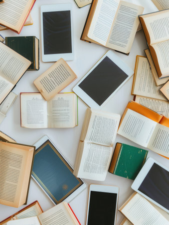 Tablets and e-readers displaying educational materials and e-textbooks are scattered among traditional books, showing a blend of modern and classic learning methods.の素材
