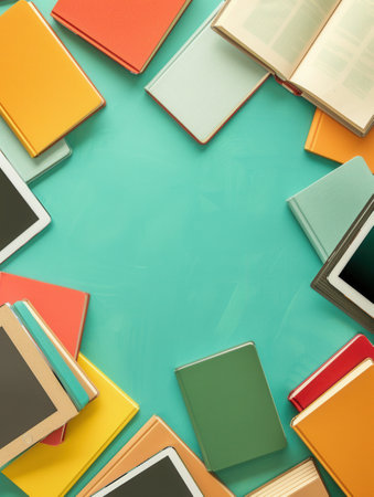 Tablets and e-readers surrounded by a teal background, displaying educational materials, representing the progress of digital learning.の素材