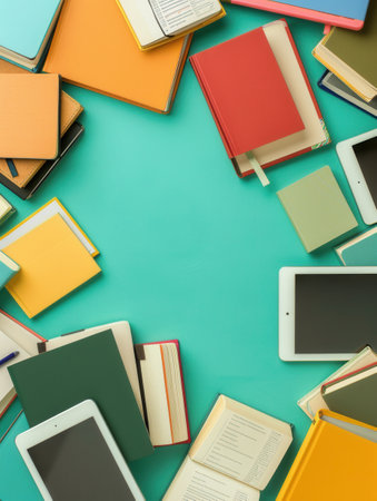 A vibrant assortment of tablets and e-books scattered on a teal background, showing the modern tools of digital learning.の素材