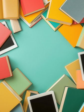 An assortment of colorful textbooks and tablets surround an empty space on a teal background, symbolizing modern digital learning.の素材