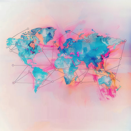 A minimalist watercolor world map with connected routes, showing global travel and connectivity. Perfect for travel agencies and booking services.の素材