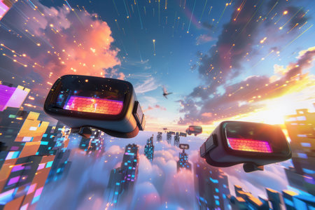 VR headsets fly through a fantastical digital cityscape, showcasing immersive virtual reality experiences.の素材