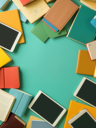 A flat lay of colorful tablets and e-readers on a teal background, featuring educational content and e-textbooks.の素材