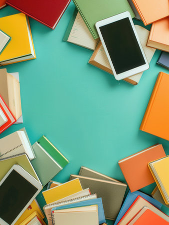 Colorful tablets and e-readers with educational materials and e-textbooks surround a central empty space on a bright blue background.の素材