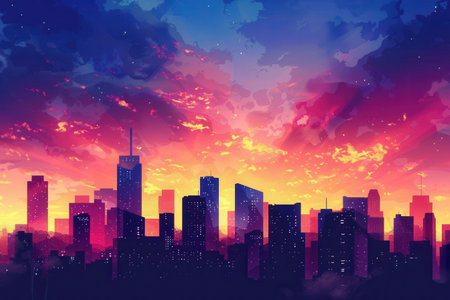 A stunning silhouette of a modern cityscape against a vibrant sunset sky. The image captures the energy and dynamism of urban life.の素材