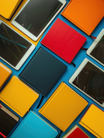 A flat lay showcasing tablets and e-readers displaying educational content on a vibrant blue background.の素材