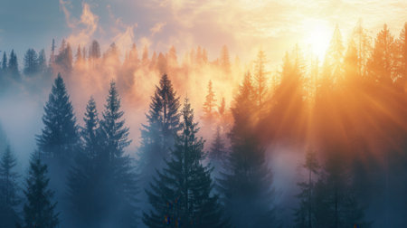 A serene forest landscape at dawn, with trees illuminated by the first rays of sunlight. Mist swirls through the trees, creating a mystical atmosphere.の素材