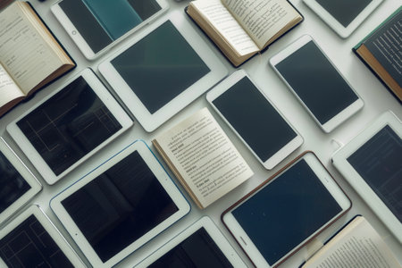 A flat lay image showing various tablets and e-readers displaying educational content, highlighting the modern and digital approach to learning.の素材