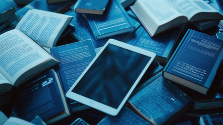 Digital tablets and e-readers displaying educational materials and e-textbooks, highlighting the shift towards modern digital learning.の素材