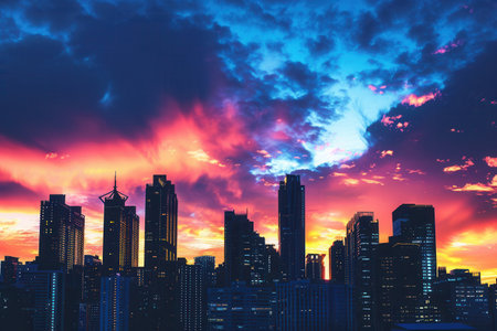 A breathtaking cityscape at sunset, with skyscrapers silhouetted against a vibrant, colorful sky. This image is perfect for real estate and urban development businesses.の素材