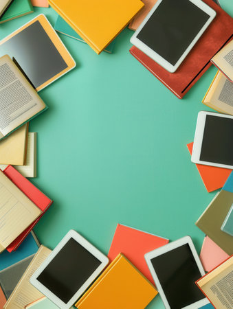 A top-down view of various tablets and e-readers surrounding a green background, showing modern digital learning tools.の素材