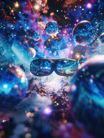 A VR headset sits amidst a fantastical digital world, showing the immersive potential of virtual reality technology.の素材