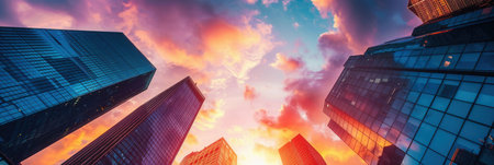 A stunning cityscape at sunset, with skyscrapers reaching towards a vibrant, dramatic sky filled with colorful clouds.の素材