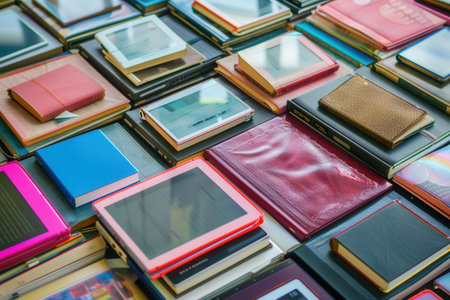 A close-up view of tablets and e-readers displaying educational materials, showing the modern approach to digital learning.の素材