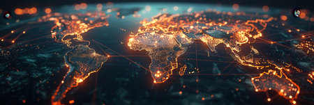 A minimalist world map with highlighted routes, showing global travel and connections.の素材