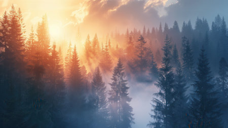 A serene and mystical forest scene at dawn, with the trees bathed in golden sunlight and a layer of mist adding a magical touch.の素材