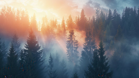 A stunning landscape photograph of a misty forest at dawn, with sunbeams illuminating the evergreen trees.の素材