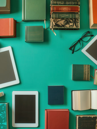 A flat lay image of tablets and various books on a teal background, representing the blend of traditional and digital learning methods.の素材